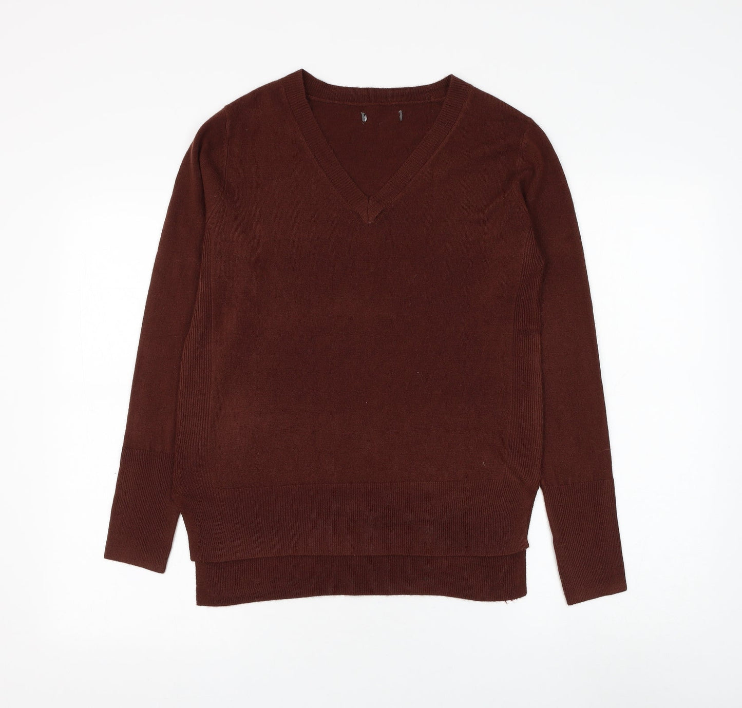 Preworn Womens Brown V-Neck Polyester Pullover Jumper Size M