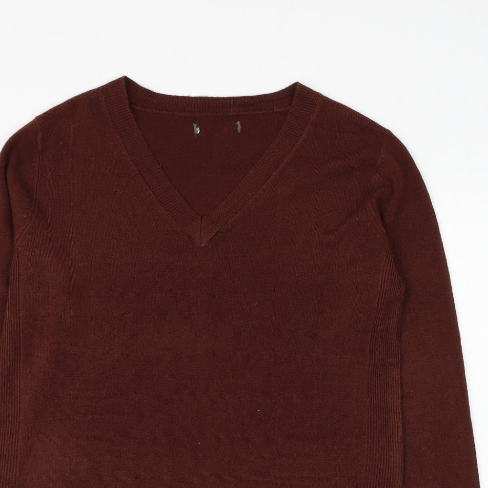 Preworn Womens Brown V-Neck Polyester Pullover Jumper Size M