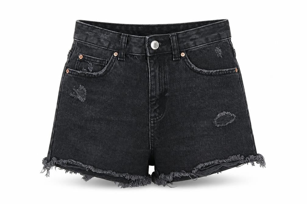 Denim & Co. Womens Black Cotton Hot Pants Shorts Size 8 L4 in Regular Button - Distressed Look