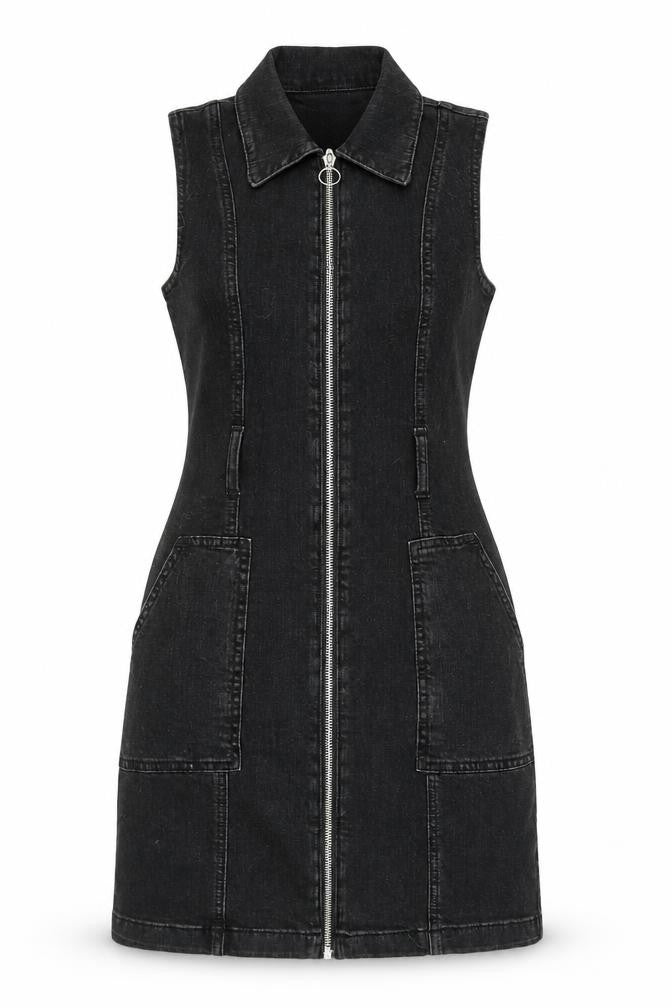 Denim & Co. Womens Black Cotton Fit & Flare Size 4 Collared Zip