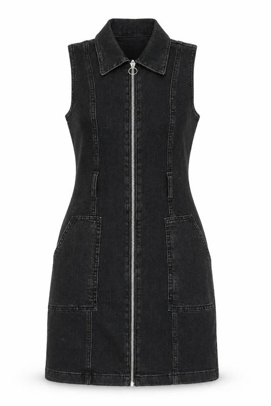 Denim & Co. Womens Black Cotton Fit & Flare Size 4 Collared Zip