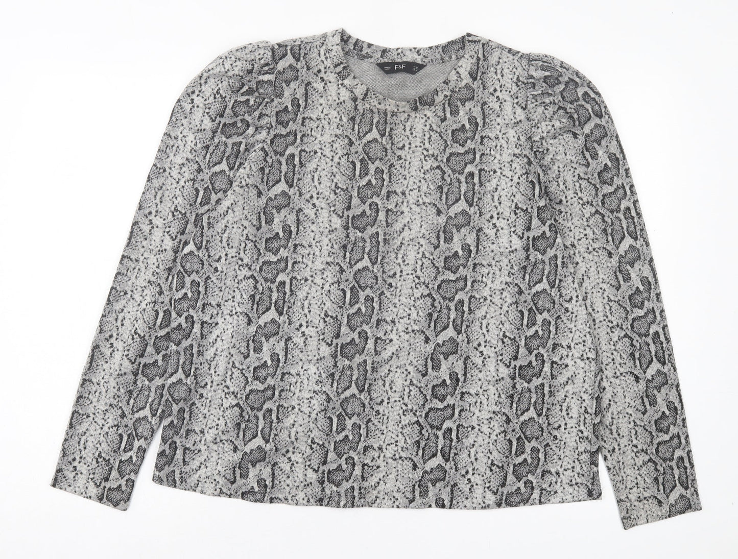F&F Womens Grey Animal Print Polyester Basic T-Shirt Size 10 Crew Neck - Snake Print