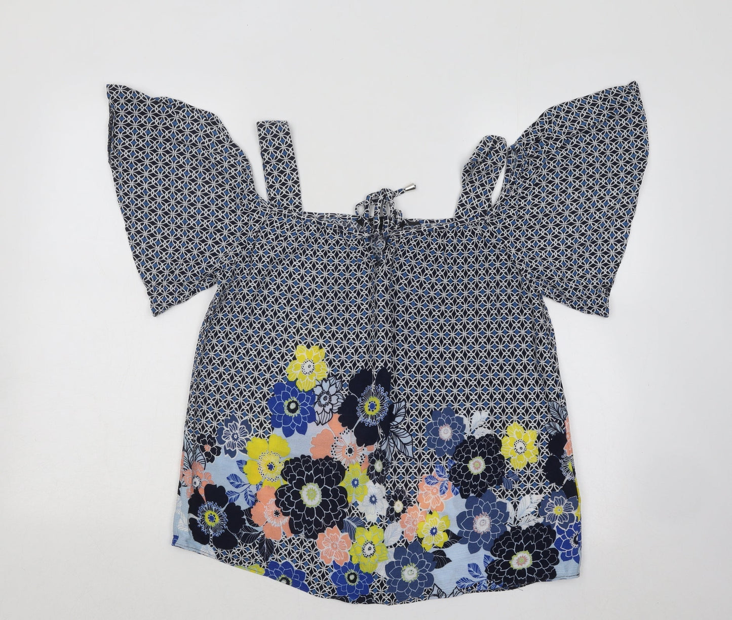Dorothy Perkins Womens Blue Geometric Cotton Basic Blouse Size 10 Square Neck - Flowers