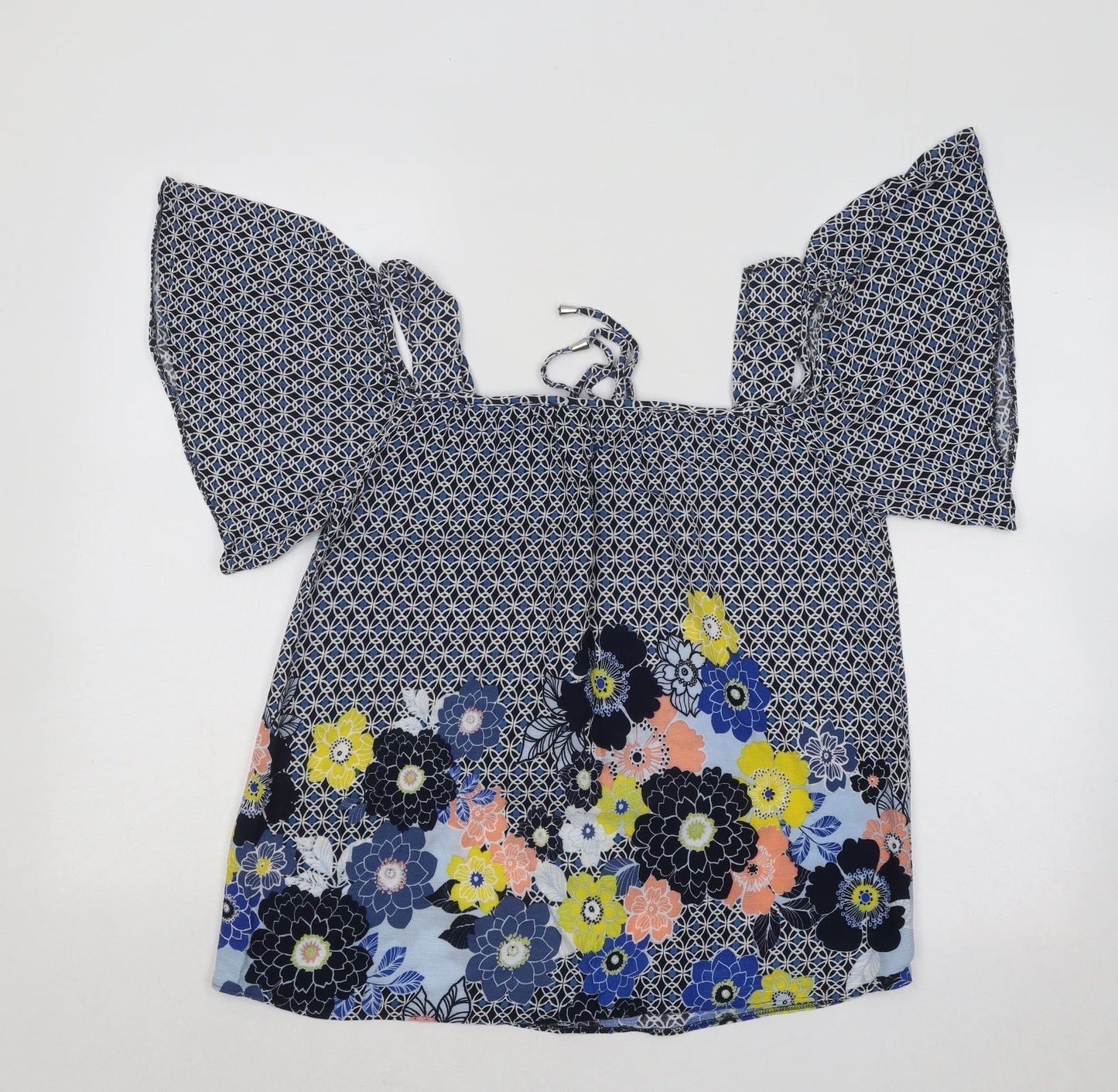 Dorothy Perkins Womens Blue Geometric Cotton Basic Blouse Size 10 Square Neck - Flowers