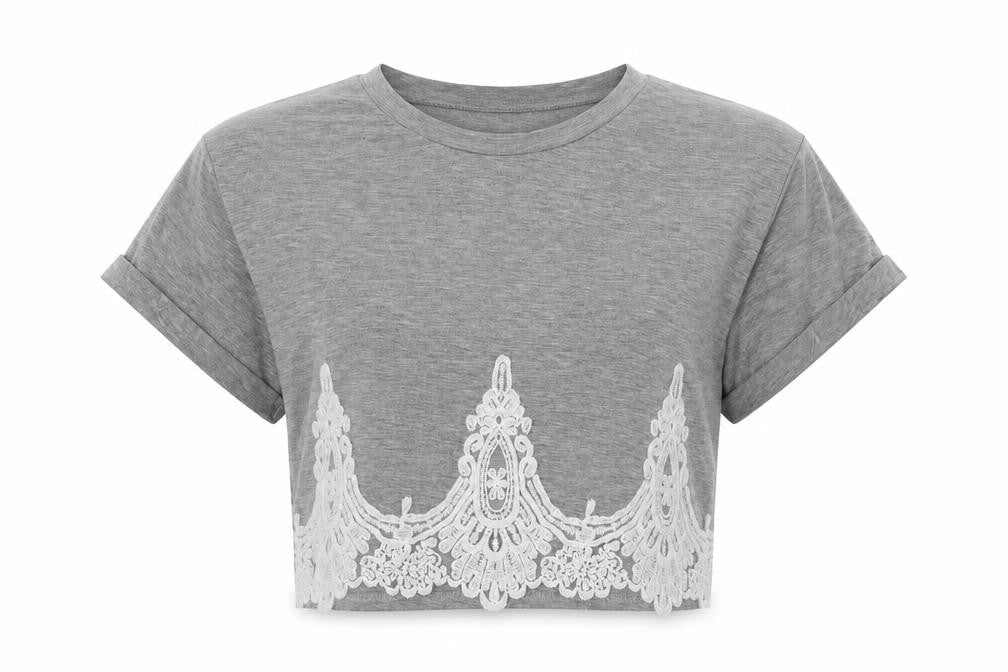 Miss Selfridge Womens Grey Geometric Cotton Basic T-Shirt Size 6 Round Neck - Lace Detail