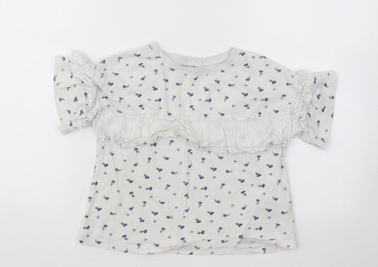 NEXT Girls White Floral Cotton Basic T-Shirt Size 8 Years Round Neck Pullover