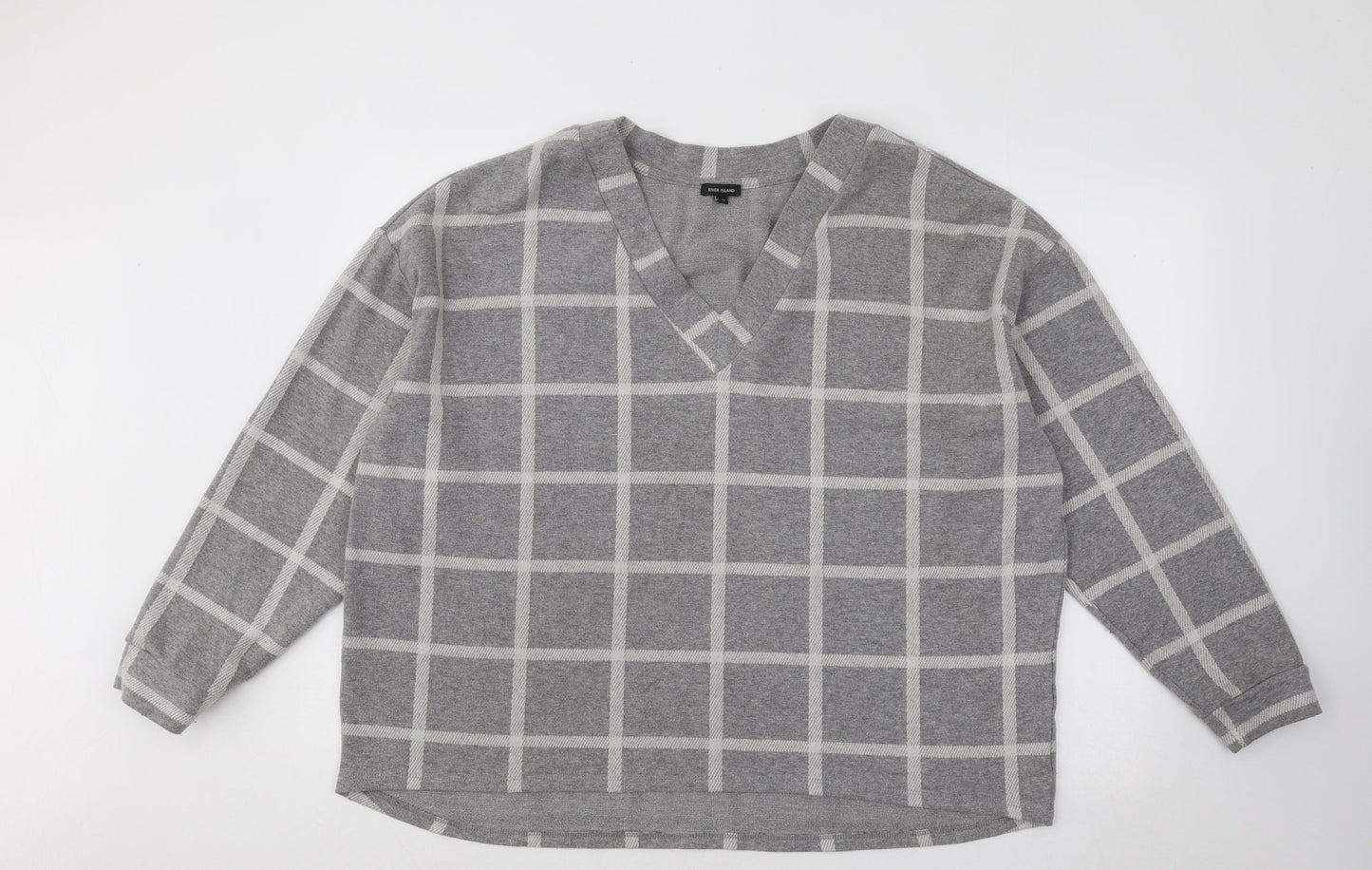 River Island Womens Grey V-Neck Check Cotton Pullover Jumper Size 16