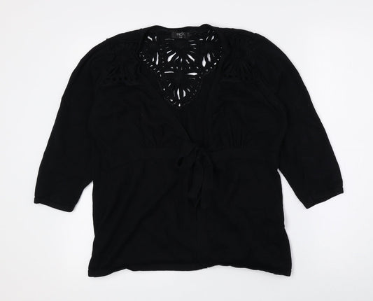 Moda Womens Black V-Neck 100% Cotton Cardigan Jumper Size 18 - Tie String