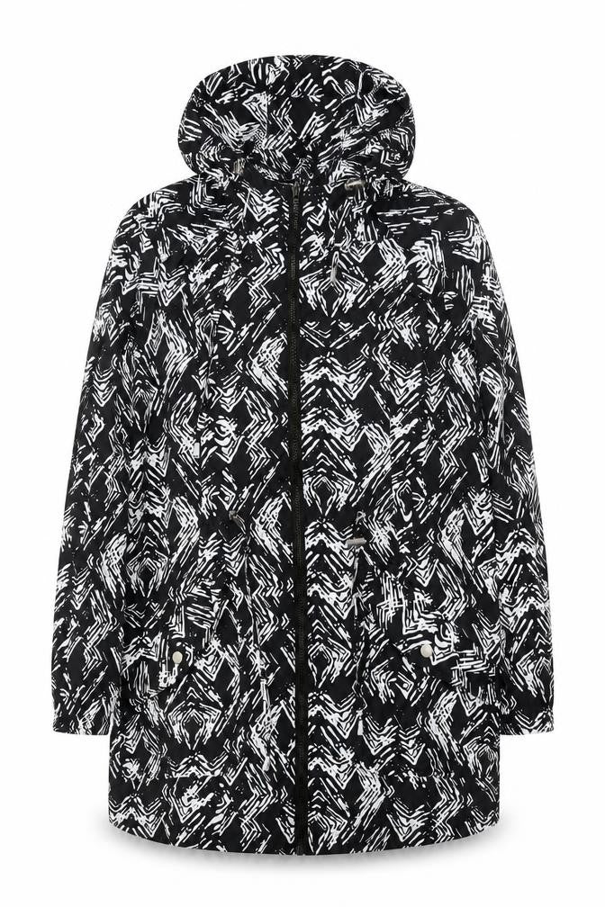 Papaya Womens Black Geometric Anorak Coat Size 12 Zip