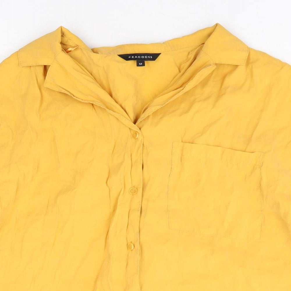 Peacocks Womens Yellow Polyester Basic Button-Up Size 12 Collared - Box Fit Shirt