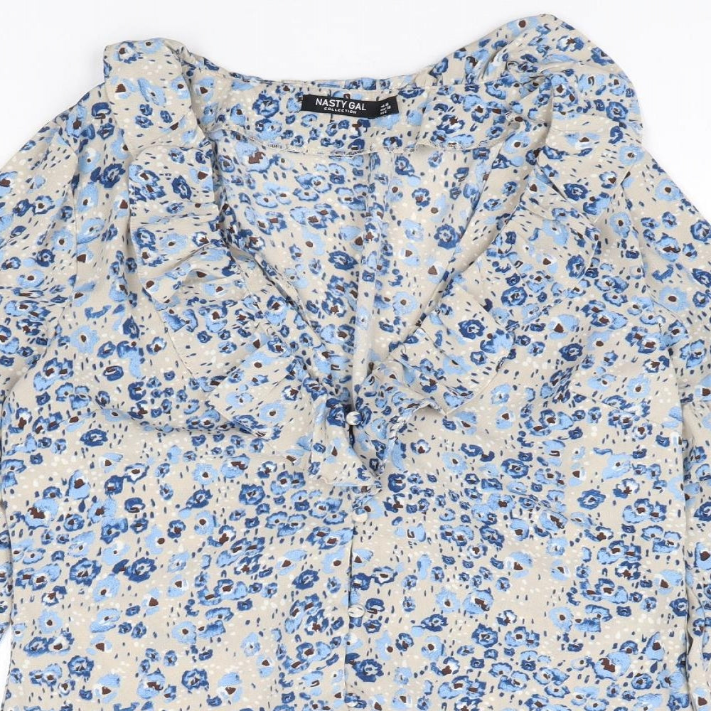 Nasty Gal Womens Blue Floral Polyester Basic Blouse Size 10 V-Neck - Bell Sleeve