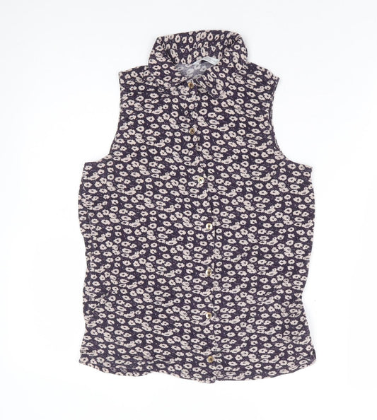 New Look Womens Purple Floral Viscose Basic Button-Up Size 8 Collared