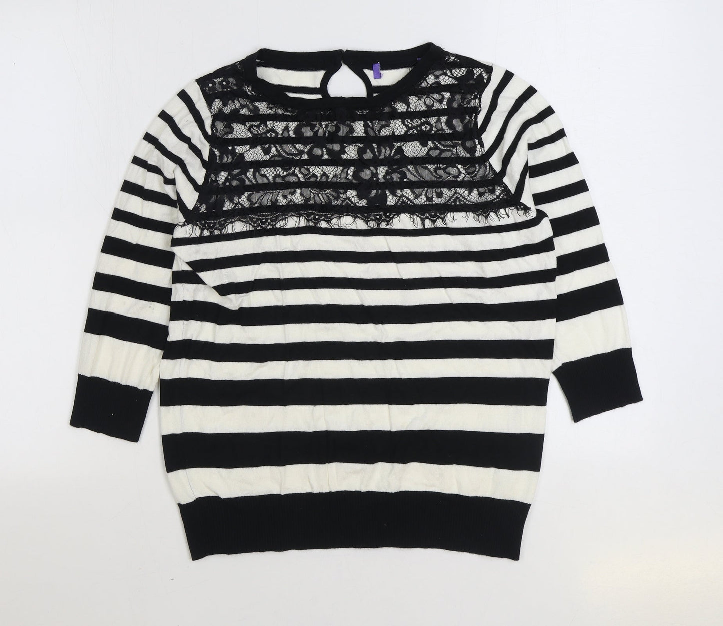 Preworn Womens Black Round Neck Striped Viscose Pullover Jumper Size M - Lace detail