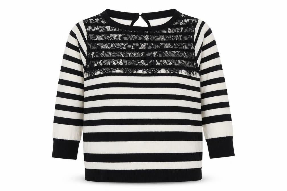 Preworn Womens Black Round Neck Striped Viscose Pullover Jumper Size M - Lace detail