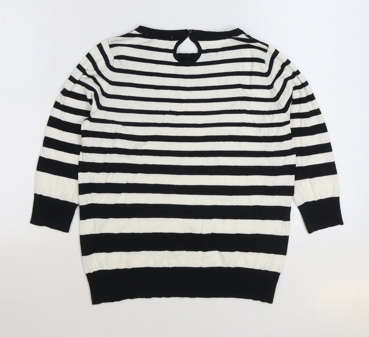 Preworn Womens Black Round Neck Striped Viscose Pullover Jumper Size M - Lace detail