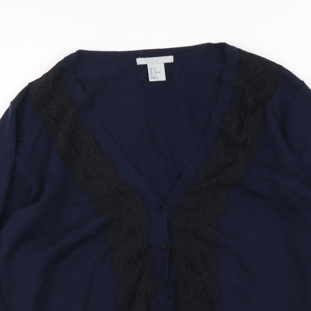 H&M Womens Blue V-Neck Cotton Cardigan Jumper Size M - Lace Detail