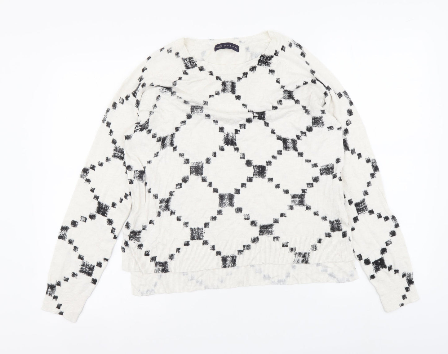Marks and Spencer Womens Beige Round Neck Geometric Viscose Pullover Jumper Size 12