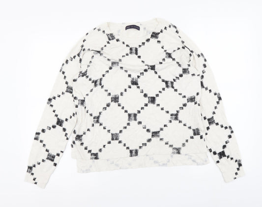 Marks and Spencer Womens Beige Round Neck Geometric Viscose Pullover Jumper Size 12