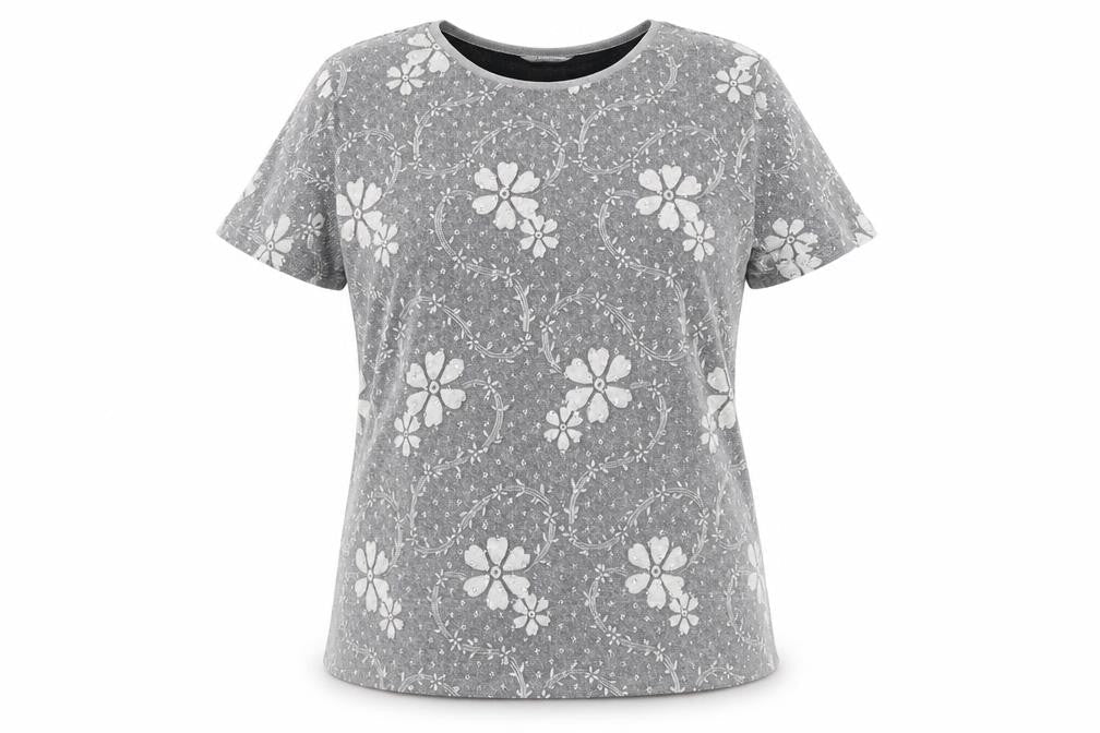 Berkertex Womens Silver Floral Polyester Basic T-Shirt Size 14 Round Neck