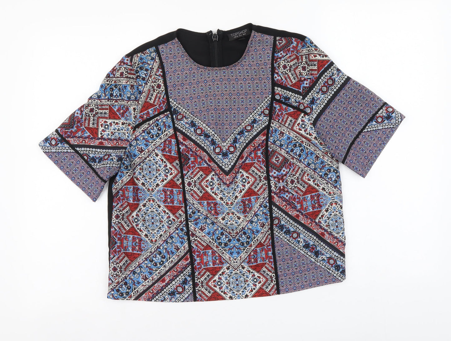 Topshop Womens Multicoloured Geometric Polyester Basic Blouse Size 8 Round Neck