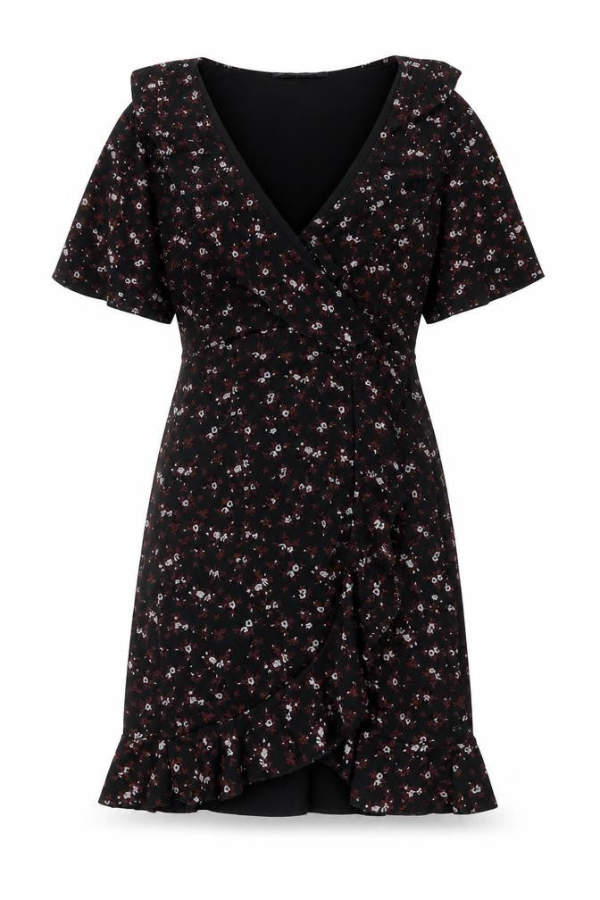 PRETTYLITTLETHING Womens Black Floral Polyester Shift Size 4 V-Neck Pullover