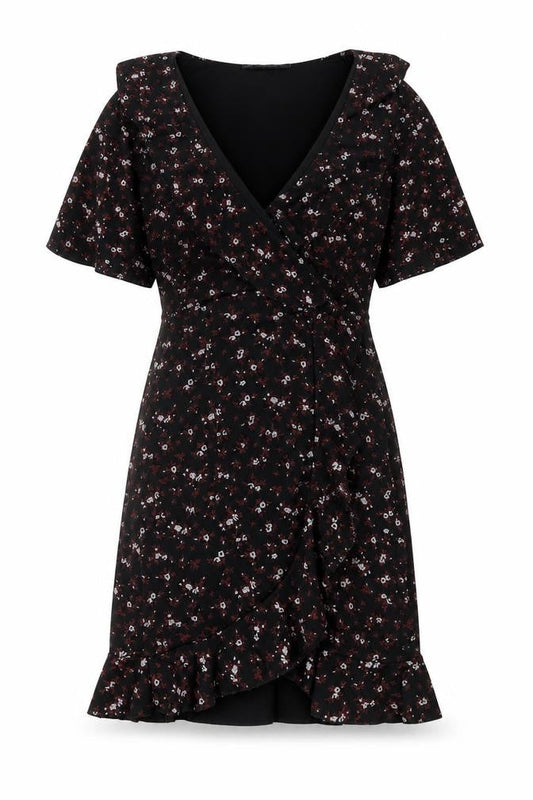 PRETTYLITTLETHING Womens Black Floral Polyester Shift Size 4 V-Neck Pullover