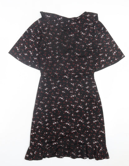 PRETTYLITTLETHING Womens Black Floral Polyester Shift Size 4 V-Neck Pullover