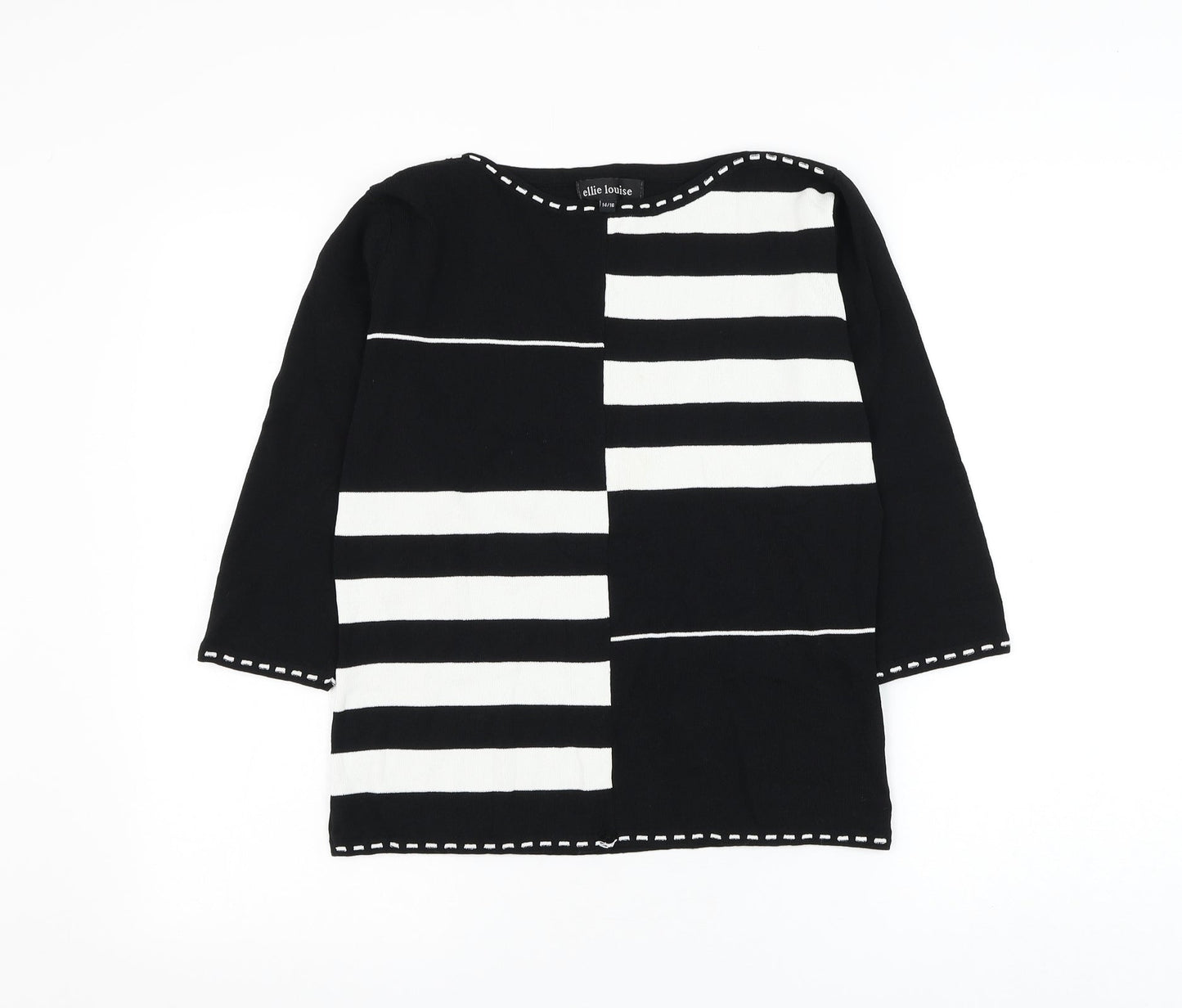 Ellie Louise Womens Black Round Neck Striped Viscose Pullover Jumper Size 14
