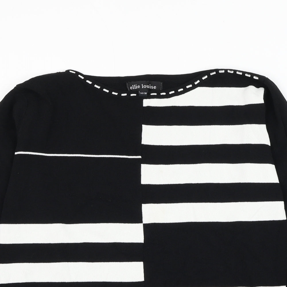 Ellie Louise Womens Black Round Neck Striped Viscose Pullover Jumper Size 14