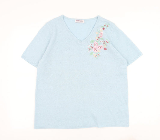 Bonmarché Womens Blue V-Neck Acrylic Pullover Jumper Size M - Flower