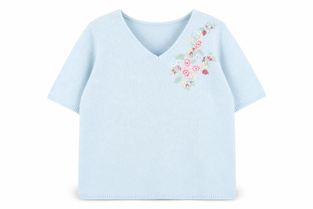 Bonmarché Womens Blue V-Neck Acrylic Pullover Jumper Size M - Flower