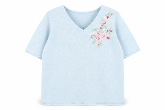 Bonmarché Womens Blue V-Neck Acrylic Pullover Jumper Size M - Flower