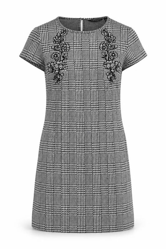 Dorothy Perkins Womens Black Houndstooth Polyester Shift Size 8 Round Neck Button