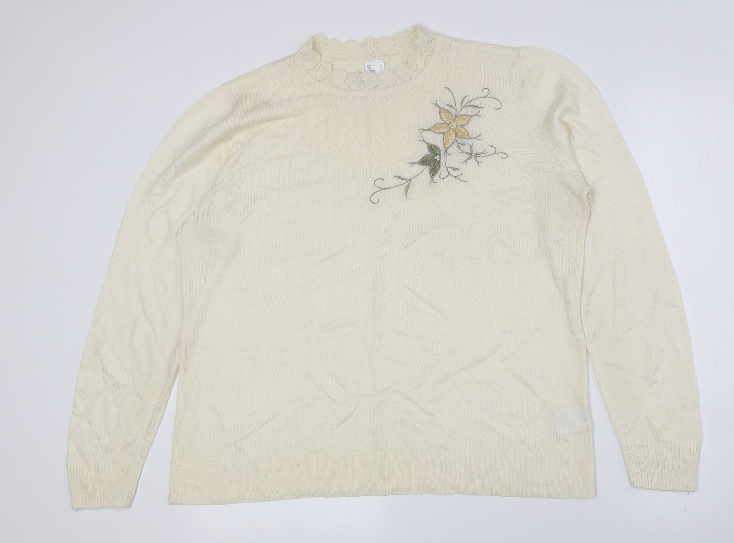 Preworn Womens Yellow Crew Neck Floral Acrylic Pullover Jumper Size 14