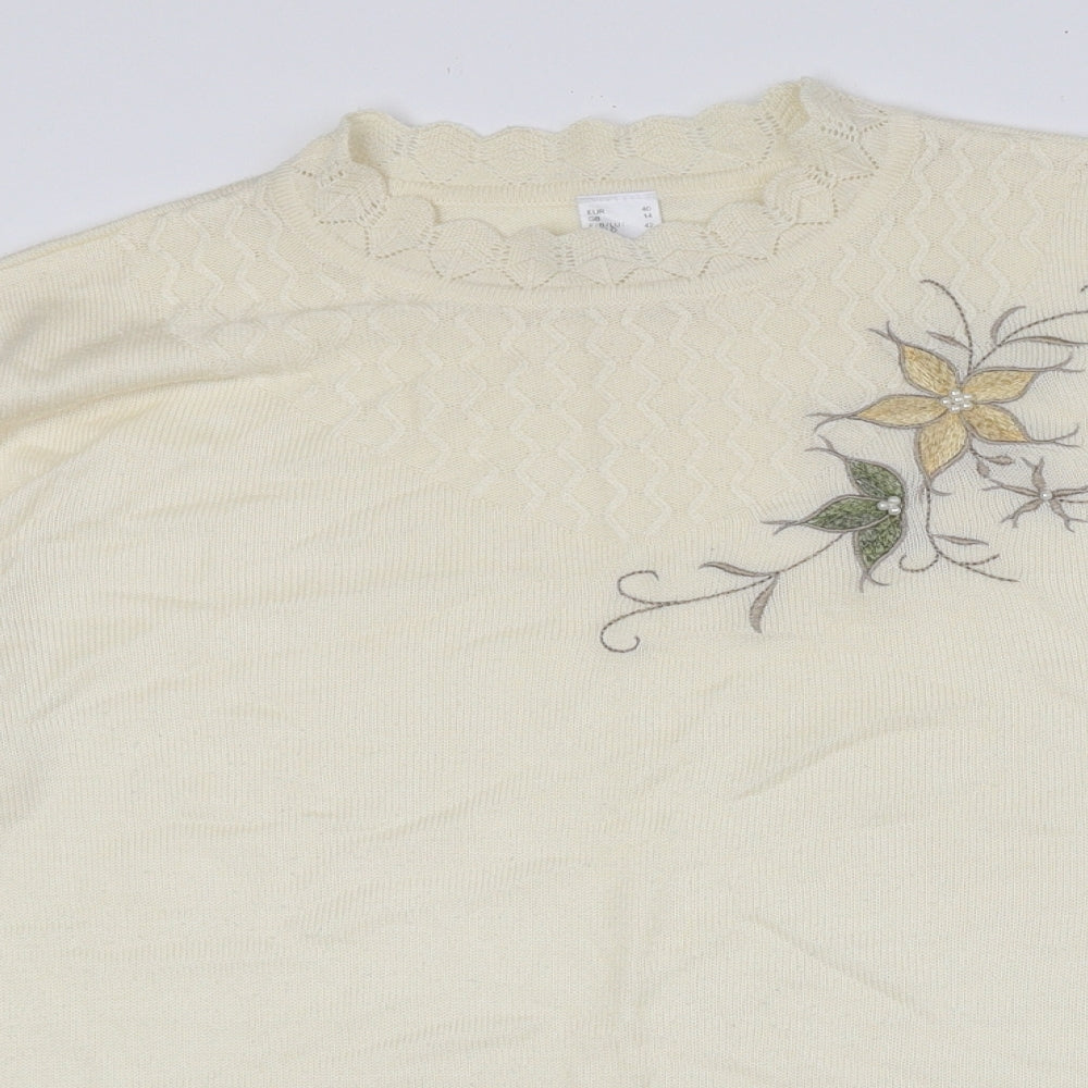 Preworn Womens Yellow Crew Neck Floral Acrylic Pullover Jumper Size 14