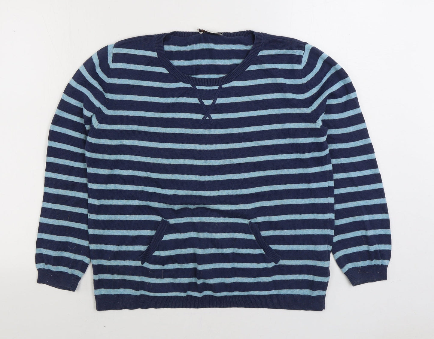 Marks and Spencer Womens Blue Round Neck Striped 100% Cotton Pullover Jumper Size 12