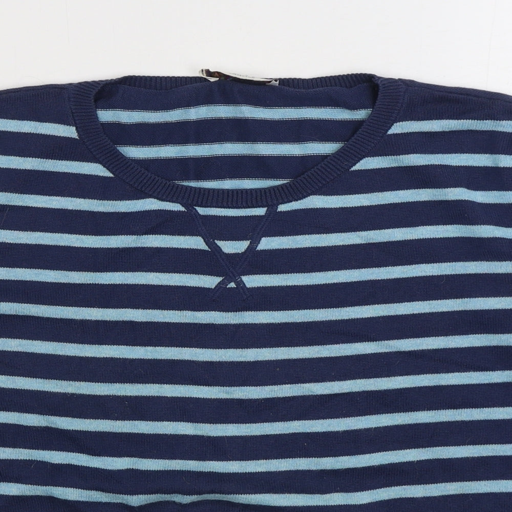Marks and Spencer Womens Blue Round Neck Striped 100% Cotton Pullover Jumper Size 12