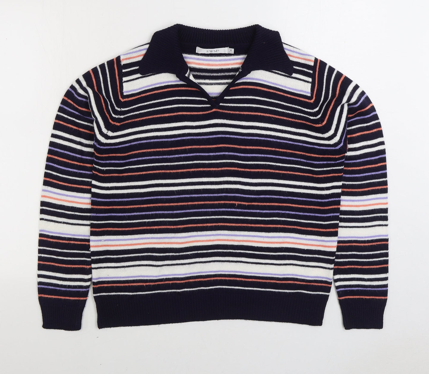EWM Womens Multicoloured Collared Striped Acrylic Pullover Jumper Size M