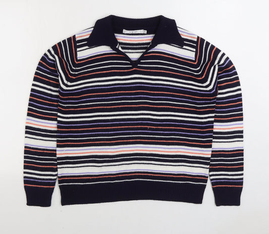 EWM Womens Multicoloured Collared Striped Acrylic Pullover Jumper Size M