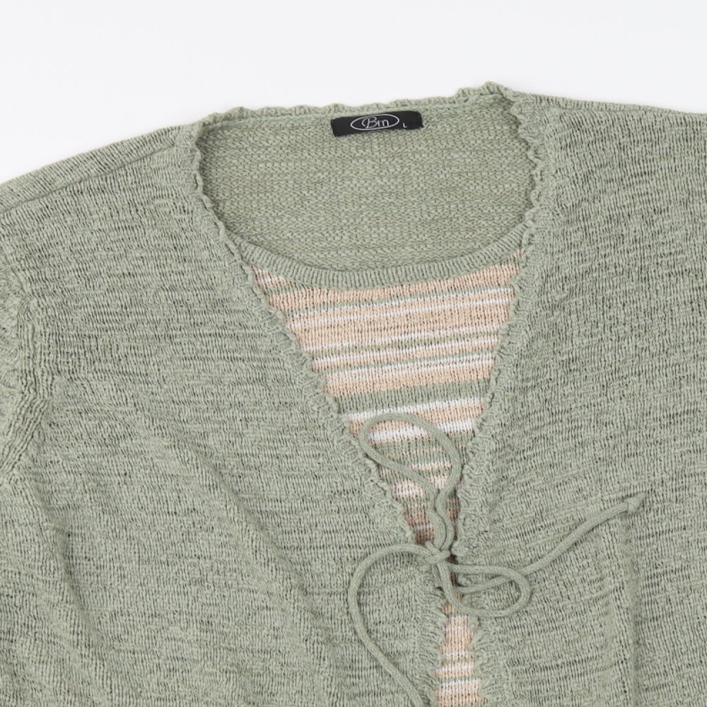 BM Womens Green Round Neck Striped Acrylic Henley Jumper Size L
