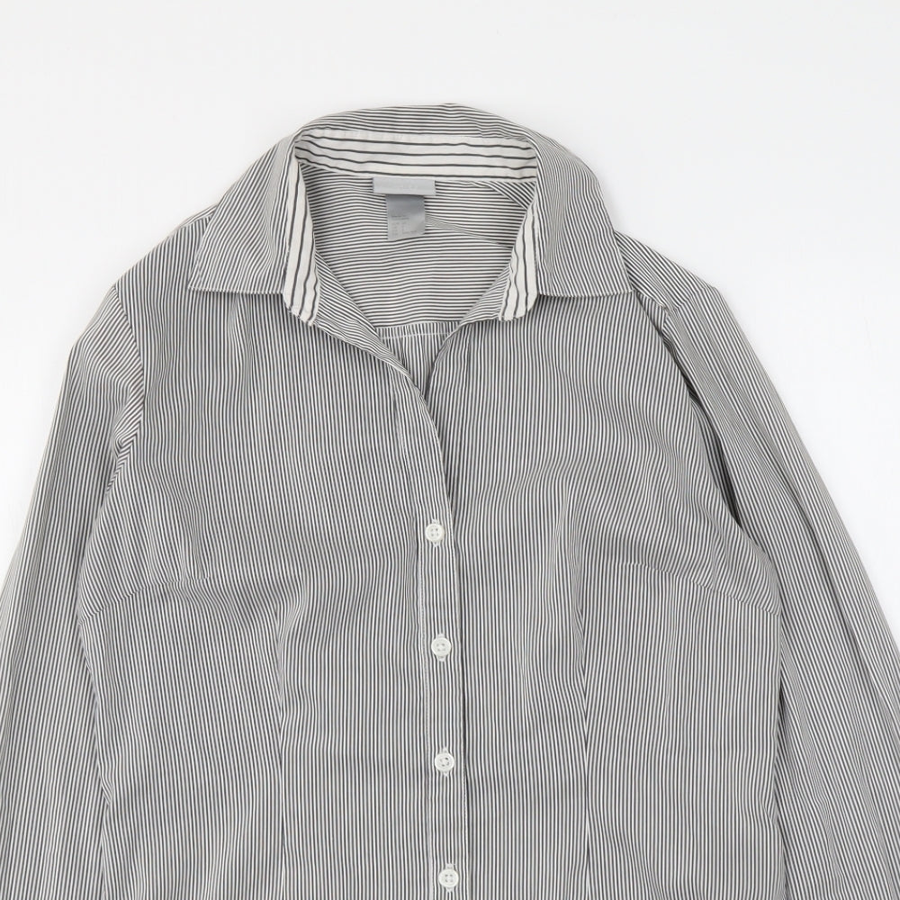 H&M Womens Grey Striped Polyester Basic Button-Up Size XS Collared