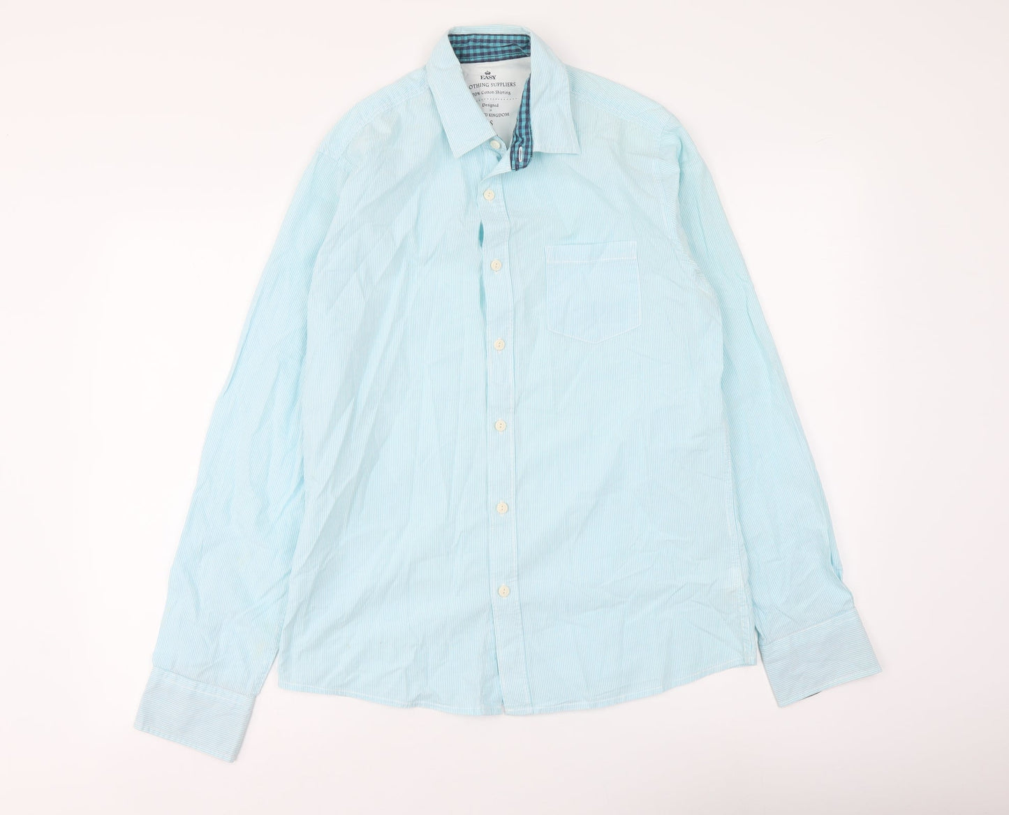 Easy Mens Blue Striped Cotton Button-Up Size S Collared Button