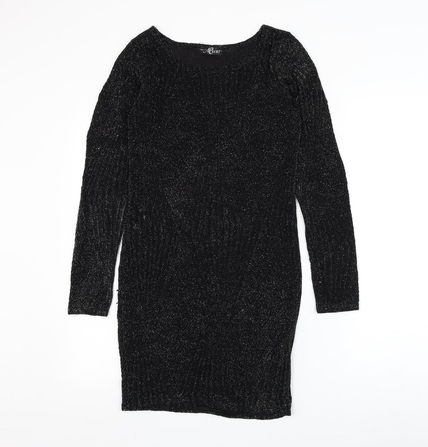 Must Womens Black Geometric Polyester Bodycon Size S Round Neck Pullover