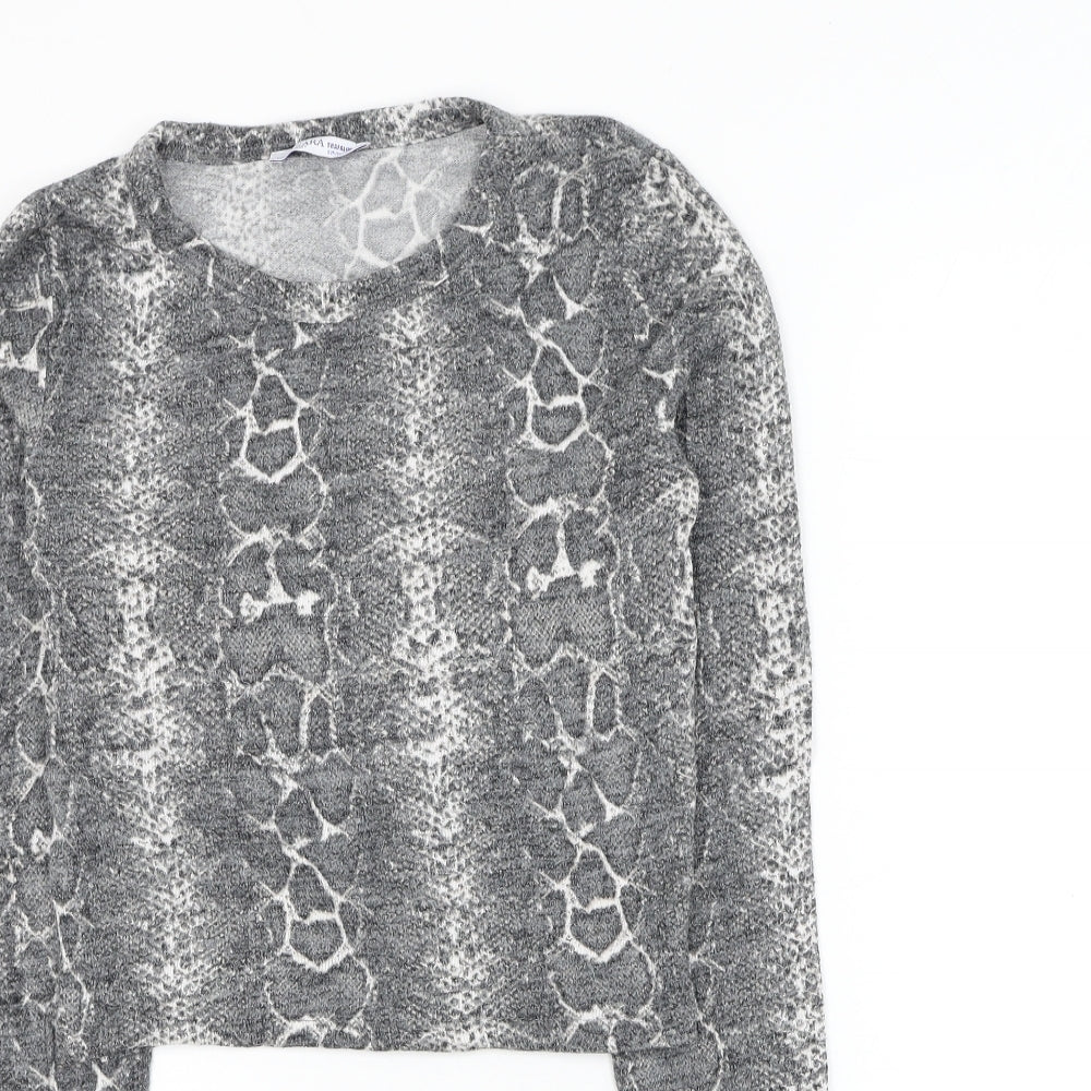Zara Womens Grey Animal Print Viscose Basic Blouse Size S Round Neck - Snake Print