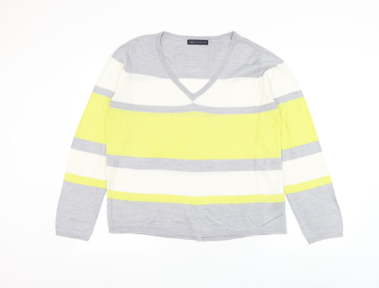 Marks and Spencer Womens Multicoloured V-Neck Striped Acrylic Pullover Jumper Size 14