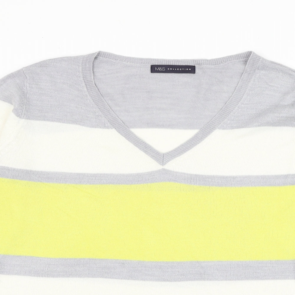 Marks and Spencer Womens Multicoloured V-Neck Striped Acrylic Pullover Jumper Size 14