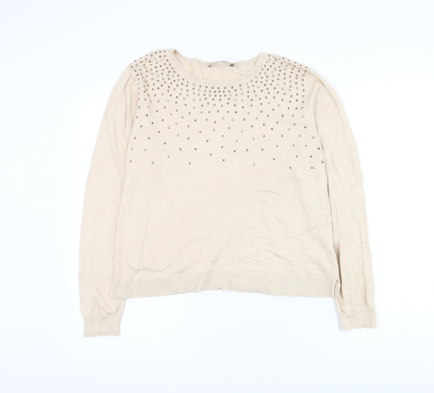 Oasis Womens Beige Round Neck Cotton Pullover Jumper Size L