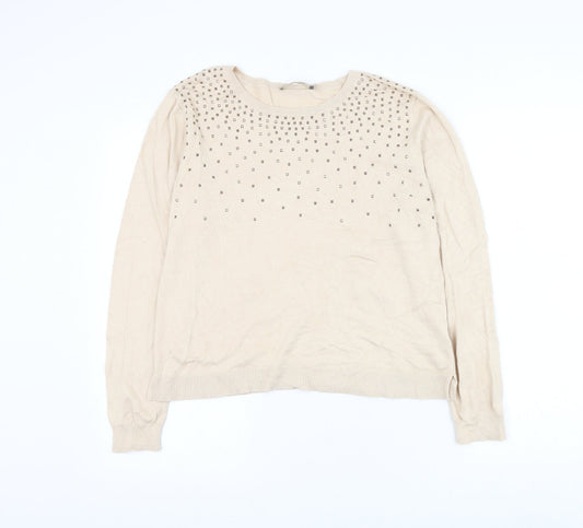 Oasis Womens Beige Round Neck Cotton Pullover Jumper Size L