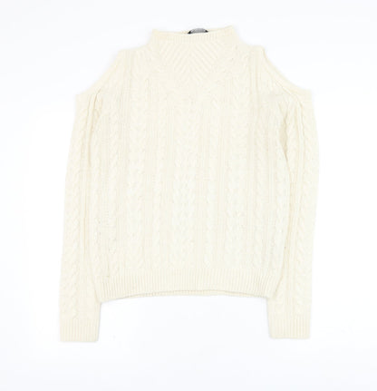 Preloved Dorothy Perkins Womens Ivory Round Neck Acrylic Pullover Jumper Size 10 - Cold Shoulder - Front