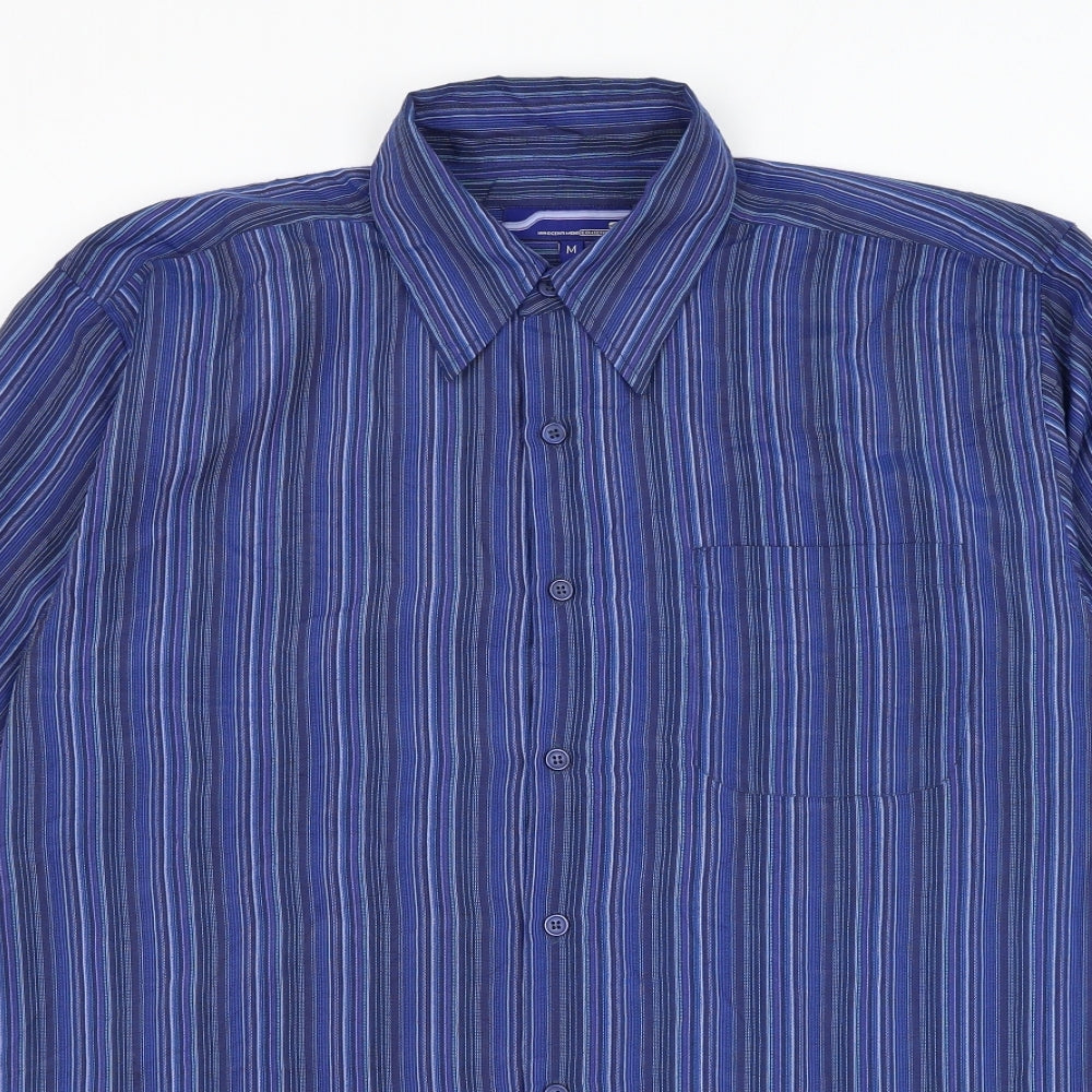 Innocenti Mens Blue Striped Polyester Button-Up Size M Collared Button